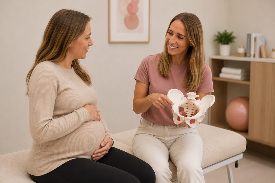 Physiotherapist showing a pregnant client a pelvis model during a consultation