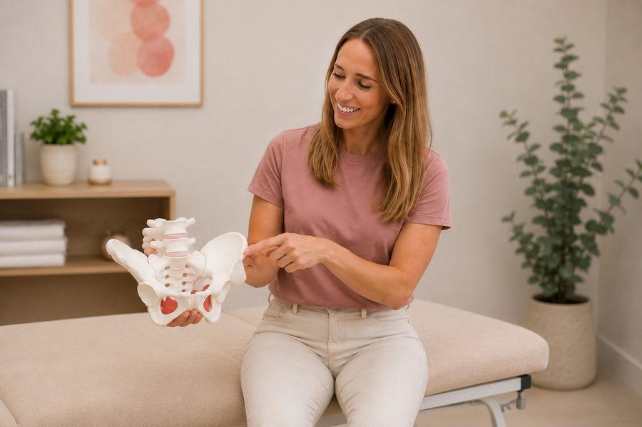 Physiotherapist explaining pelvic anatomy using a pelvis model